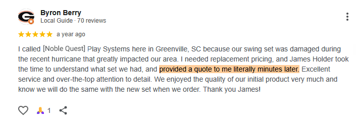 Google review from Byron Berry, five stars: provided a quote literally minutes later, excellent service and attention to detail
