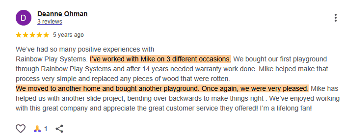 Google review from Deanne Ohman, five stars: warranty work honored after 14 years, bought a second playground, a lifelong fan