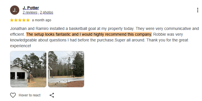 Google review from J. Potter, five stars: the setup looks fantastic and I would highly recommend this company