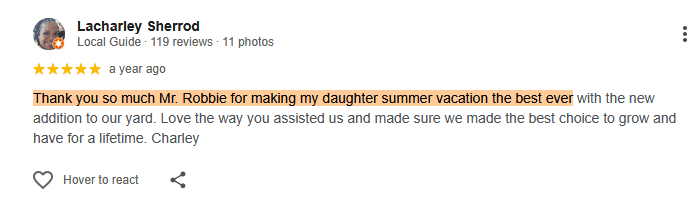 Google review from Lacharley Sherrod, five stars: made her daughter’s summer vacation the best ever, a set to grow and have for a lifetime