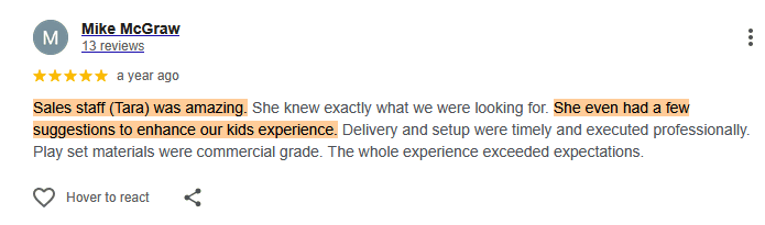 Google review from Mike McGraw, five stars: delivery and setup were timely and professional, play set materials were commercial grade